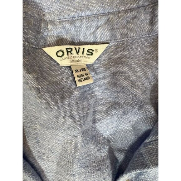 Orvis Button Front Shirt Women's XL Blue Linen Solid Long Sleeve Roll Tab Collar - Picture 5 of 6